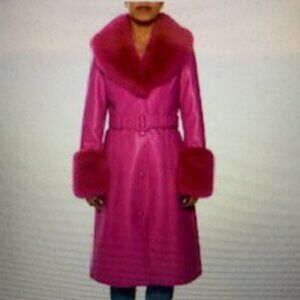 Azalea Wang Belted Faux Fur Trim Faux Leather Trench Coat in Pink
